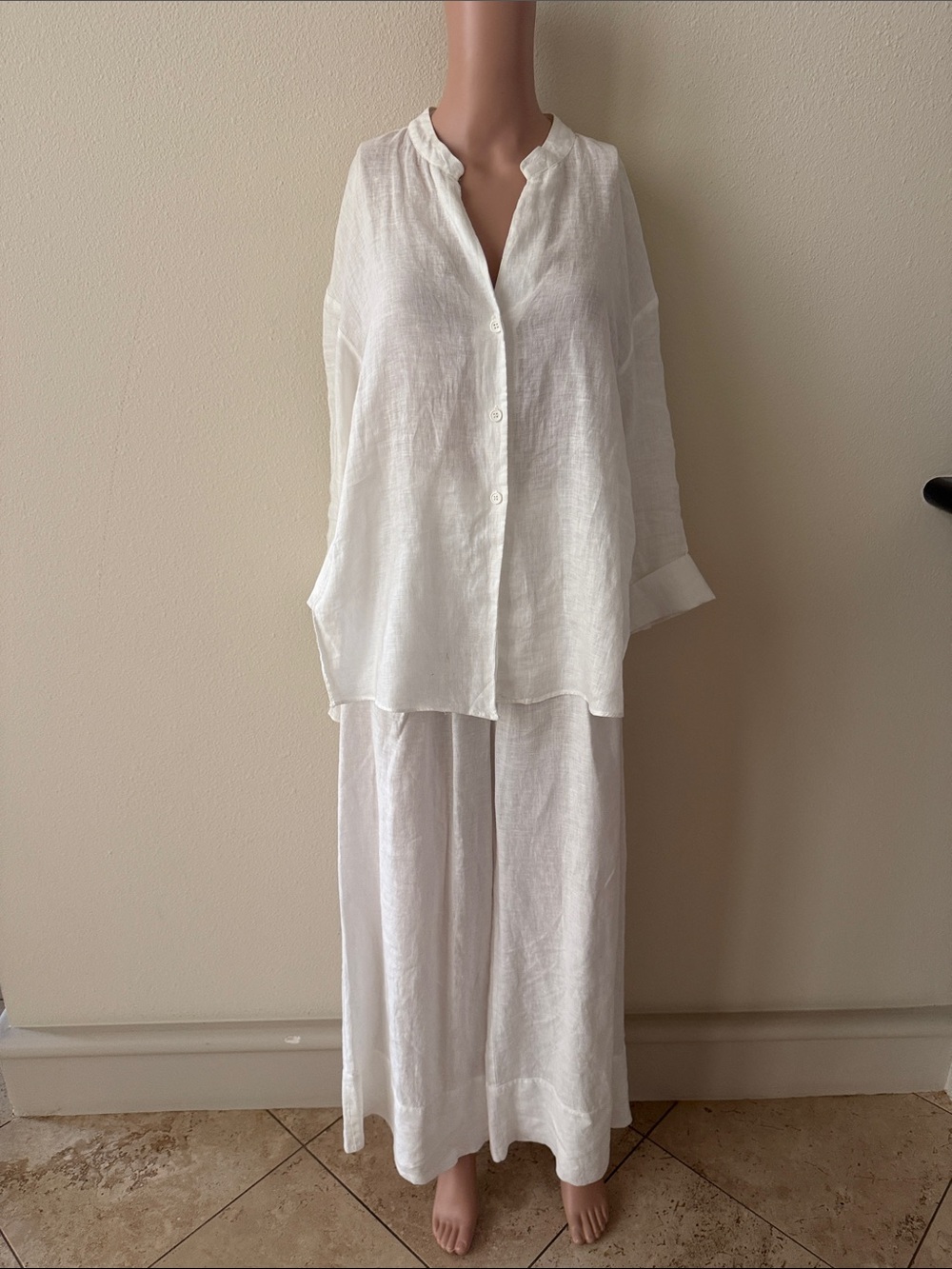 Zara White Linen Shirt and Pants Set , Size XS